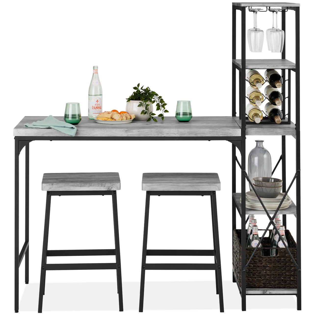 Best Choice Products 3-Piece Bar Height Dining Set w/ Bottle Rack, Glass Storage, 5 Shelves